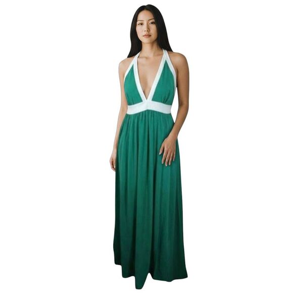 BRAND & LABEL GREEN & WHITE SLIT MAXI DRESS SZ.M GUC. - Picture 1 of 10